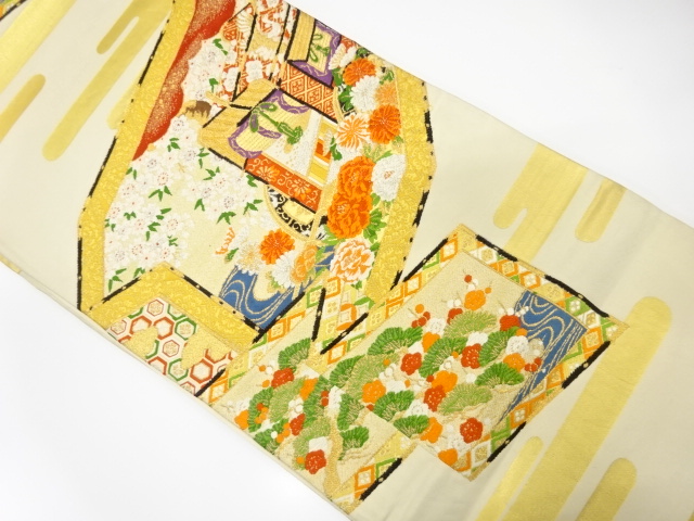 JAPANESE KIMONO / ANTIQUE FUKURO OBI / SILK / WOVEN CARRIAGE & FLOWER